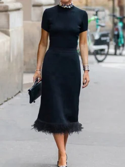 Elegant Crew Neck Feathered Hem Midi Dress
