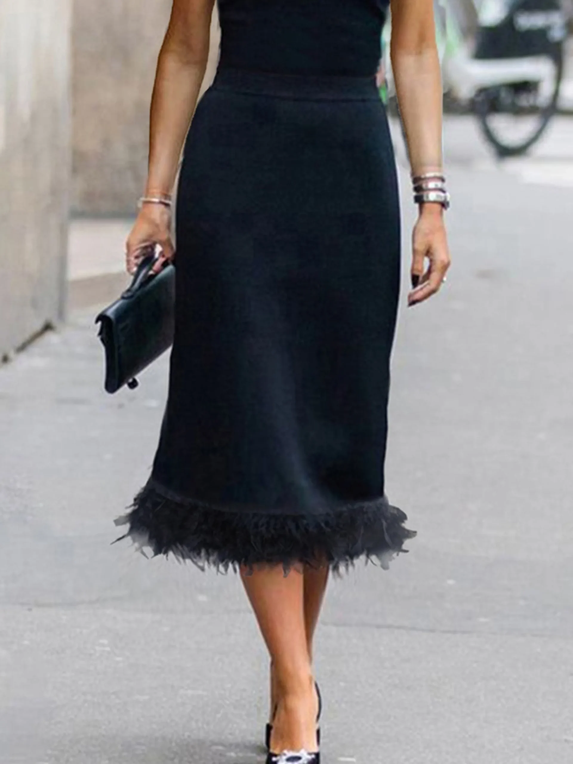 Elegant Crew Neck Feathered Hem Midi Dress
