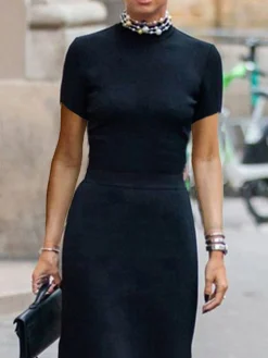 Elegant Crew Neck Feathered Hem Midi Dress