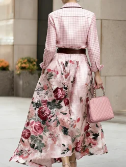 Elegant 3D Printing Shirt Collar Maxi Dress No Belt