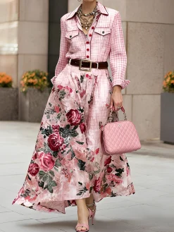 Elegant 3D Printing Shirt Collar Maxi Dress No Belt