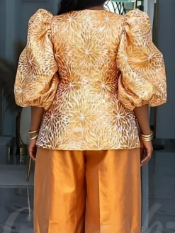 Elegant 3D Printing V Neck Puff Sleeve Blouse