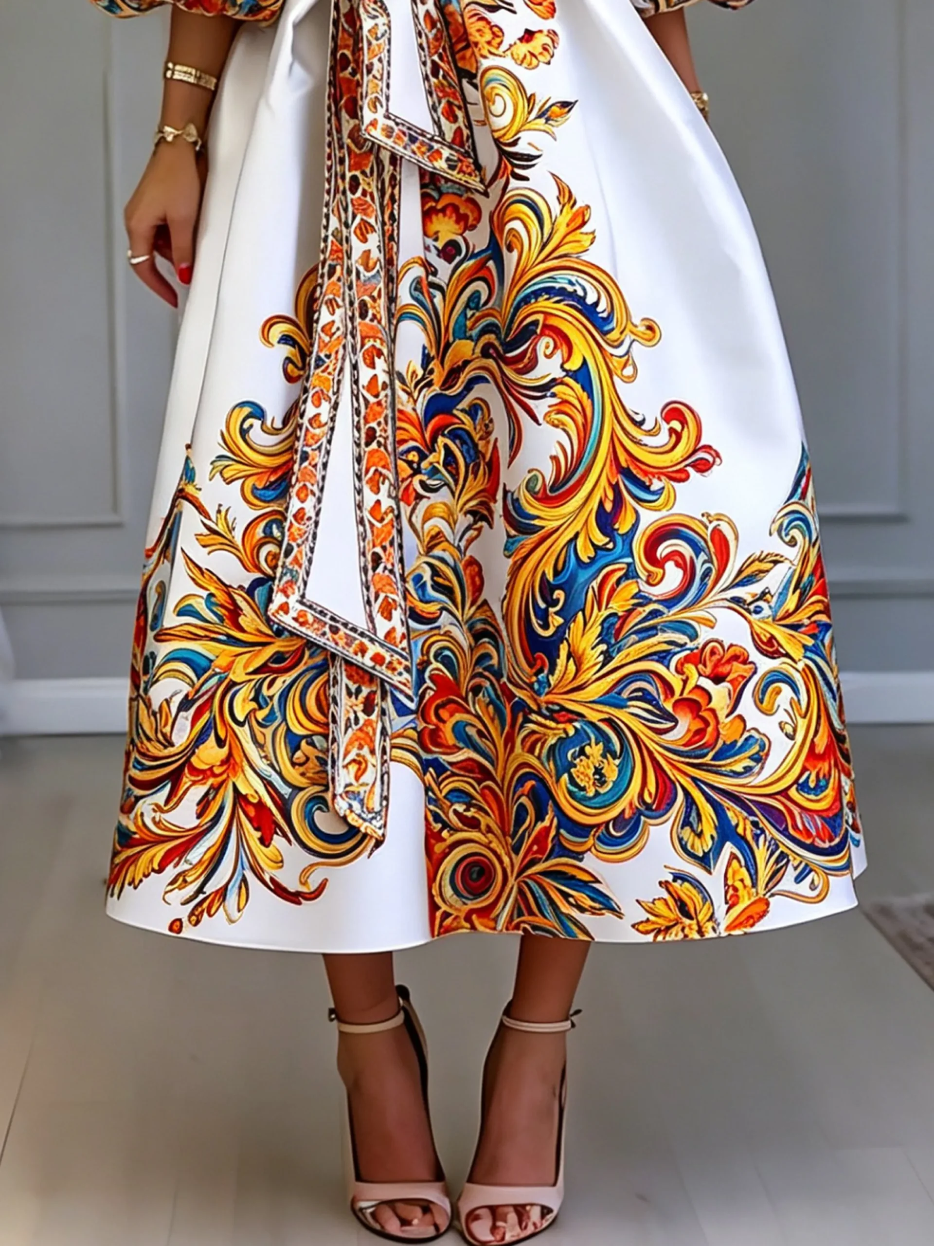 Elegant Ethnic Balloon Sleeve Printing Cross Neck Midi Dress With Belt