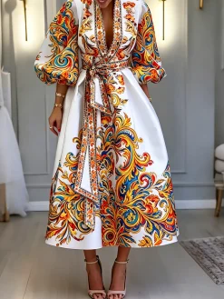 Elegant Ethnic Balloon Sleeve Printing Cross Neck Midi Dress With Belt