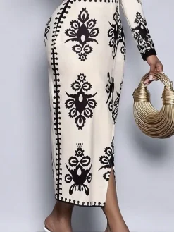 Elegant Ethnic Geometry Printing Maxi Dress