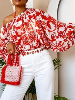 Elegant Ethnic Printing Cold Shoulder Blouse