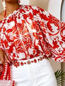 Elegant Ethnic Printing Cold Shoulder Blouse