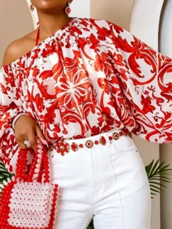 Elegant Ethnic Printing Cold Shoulder Blouse