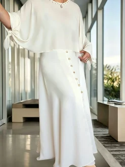 Elegant Faux Pearl Plain Buttoned Maxi Skirt
