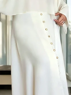 Elegant Faux Pearl Plain Buttoned Maxi Skirt