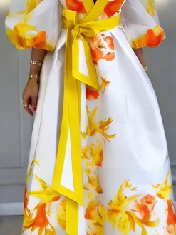 Elegant Floral Balloon Sleeve Printing Stand Collar Midi Dress With Belt