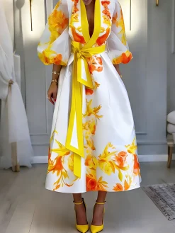 Elegant Floral Balloon Sleeve Printing Stand Collar Midi Dress With Belt