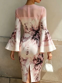 Elegant Floral Bell Sleeve Split Joint Crew Neck Knee Length Dress