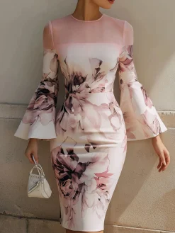 Elegant Floral Bell Sleeve Split Joint Crew Neck Knee Length Dress