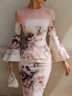 Elegant Floral Bell Sleeve Split Joint Crew Neck Knee Length Dress
