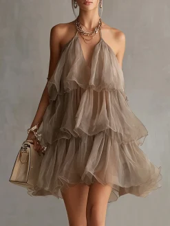 Elegant Floral Folds Halter Neck Mini Dress