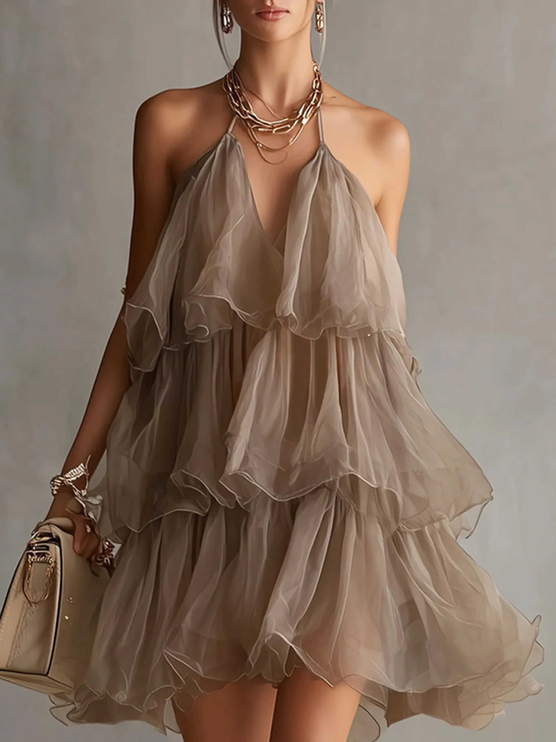 Elegant Floral Folds Halter Neck Mini Dress