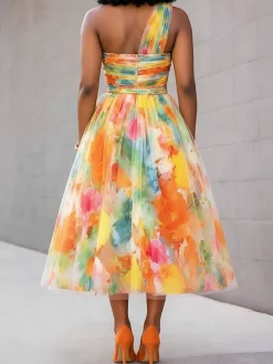 Elegant Floral Irregular Craftsmanship One Shoulder Midi Dress