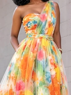 Elegant Floral Irregular Craftsmanship One Shoulder Midi Dress