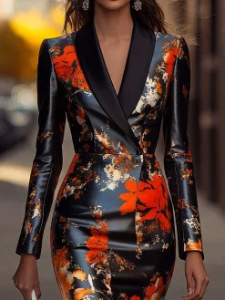 Elegant Floral Lapel Collar Knee Length Dress