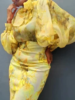 Elegant Floral Printing Balloon Sleeve Shirt