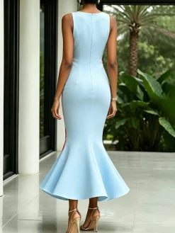 Elegant Floral Printing Crew Neck Midi Dress