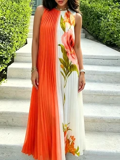 Elegant Floral Printing Crew Neck Midi Dress