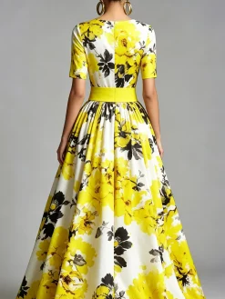 Elegant Floral Printing Crew Neck Maxi Dress
