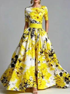 Elegant Floral Printing Crew Neck Maxi Dress