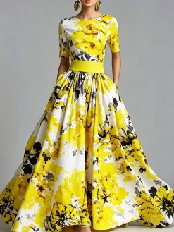 Elegant Floral Printing Crew Neck Maxi Dress