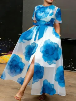 Elegant Floral Printing Crew Neck Maxi Dress With Belt