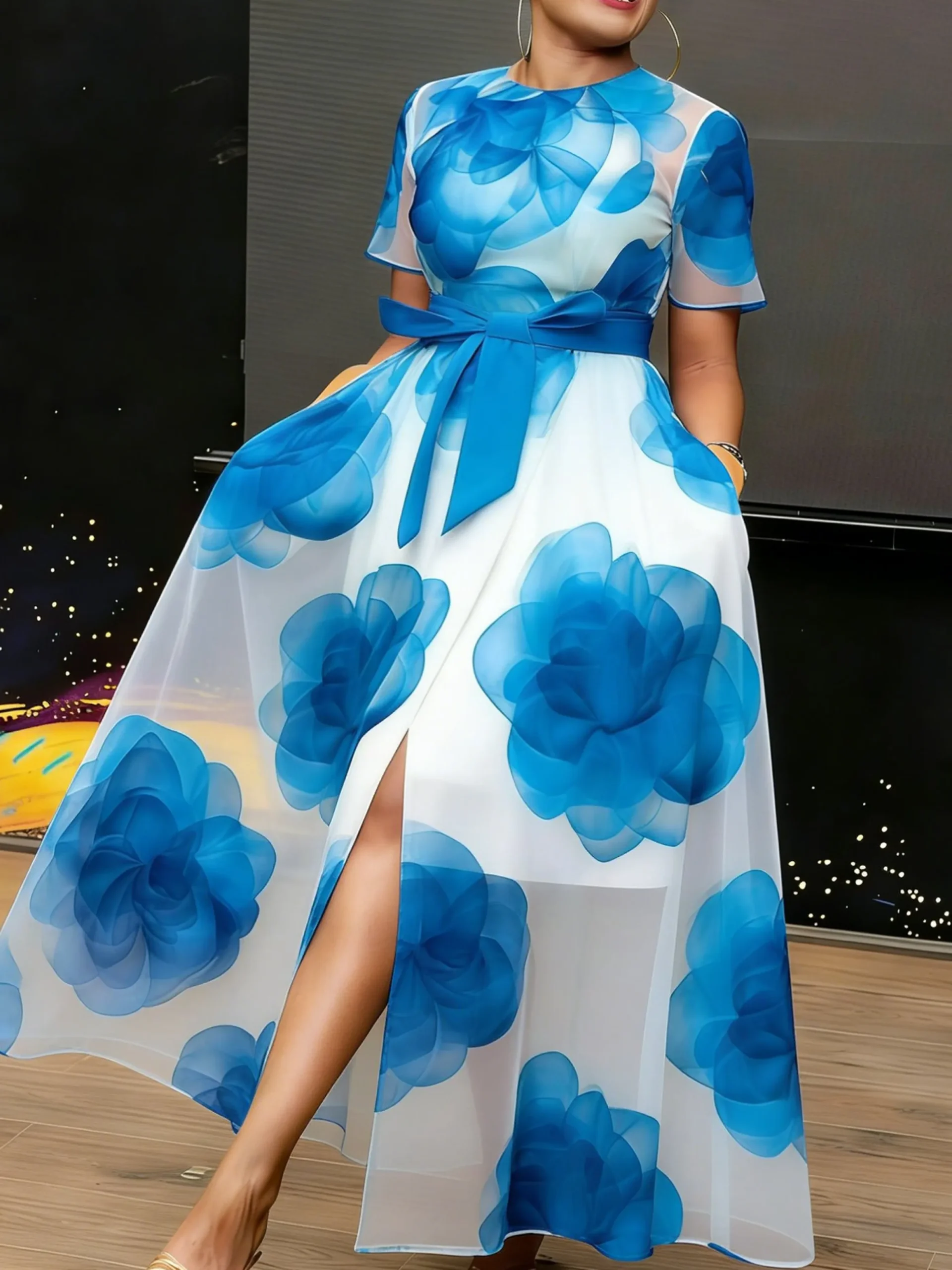 Elegant Floral Printing Crew Neck Maxi Dress With Belt