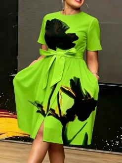 Elegant Floral Printing Crew Neck Knee Length Dress With Belt