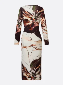 Elegant Floral Printing Crew Neck Midi Dress