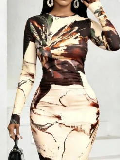 Elegant Floral Printing Crew Neck Midi Dress