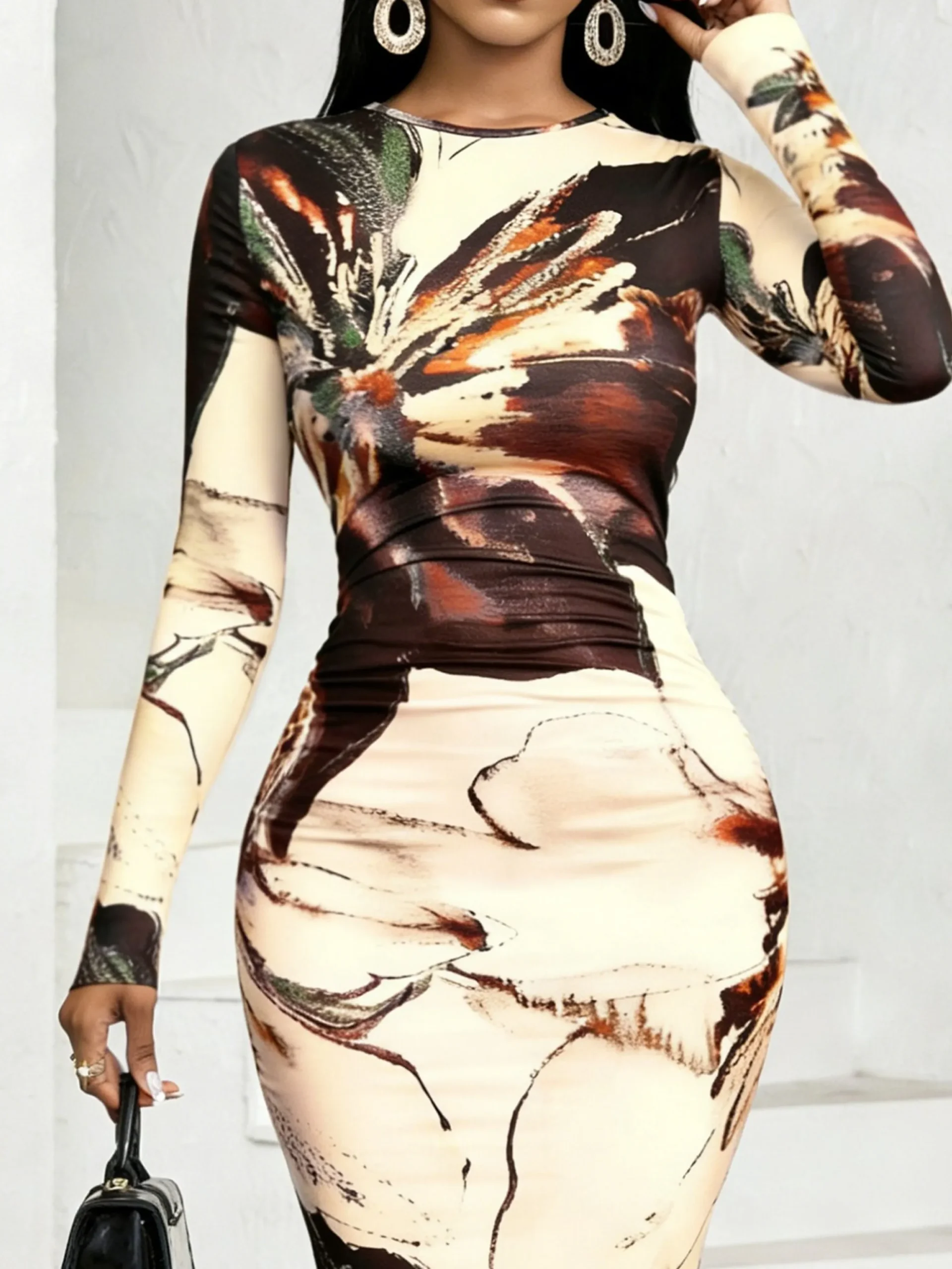Elegant Floral Printing Crew Neck Midi Dress