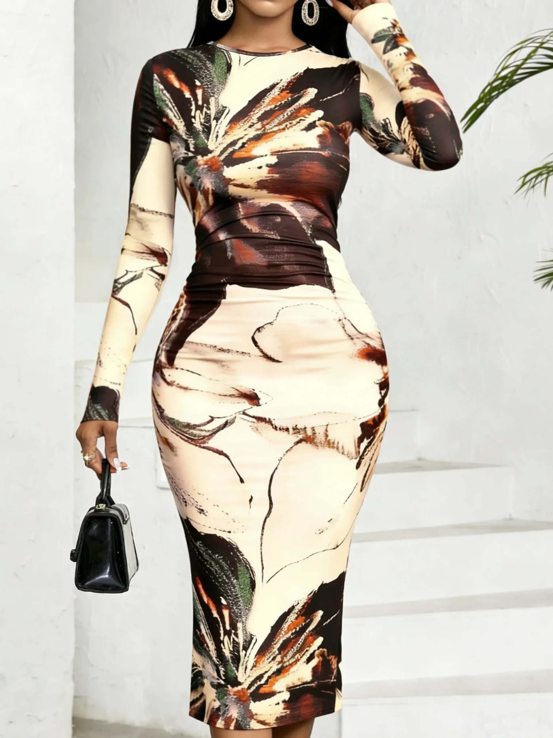 Elegant Floral Printing Crew Neck Midi Dress