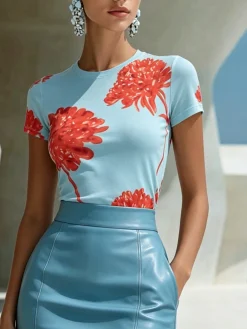Elegant Floral Printing Crew Neck T-shirt