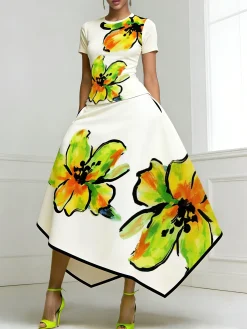 Elegant Floral Printing Crew Neck T-shirt