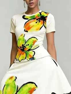 Elegant Floral Printing Crew Neck T-shirt