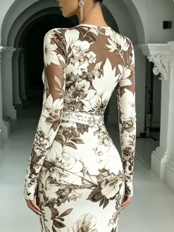 Elegant Floral Printing Crew Neck T-shirt no Belt