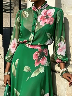 Elegant Floral Printing Lotus Leaf Collar Shirt