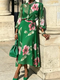 Elegant Floral Printing Lotus Leaf Collar Shirt