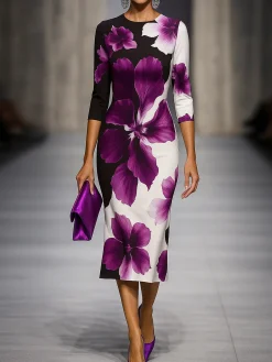 Elegant Floral Printing Midi Dress
