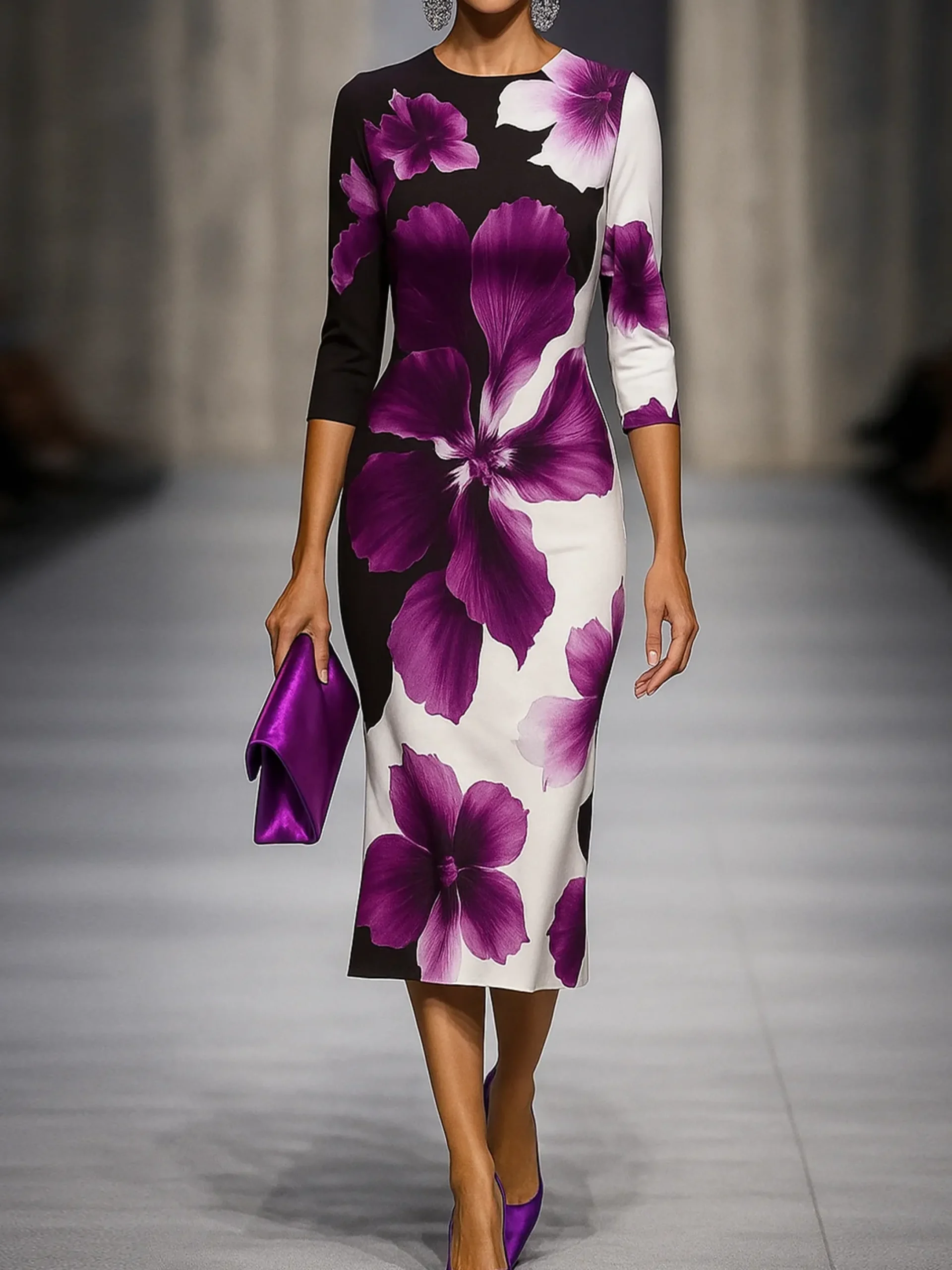 Elegant Floral Printing Midi Dress