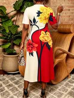 Elegant Floral Printing Mock Neck Maxi Dress