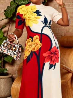 Elegant Floral Printing Mock Neck Maxi Dress