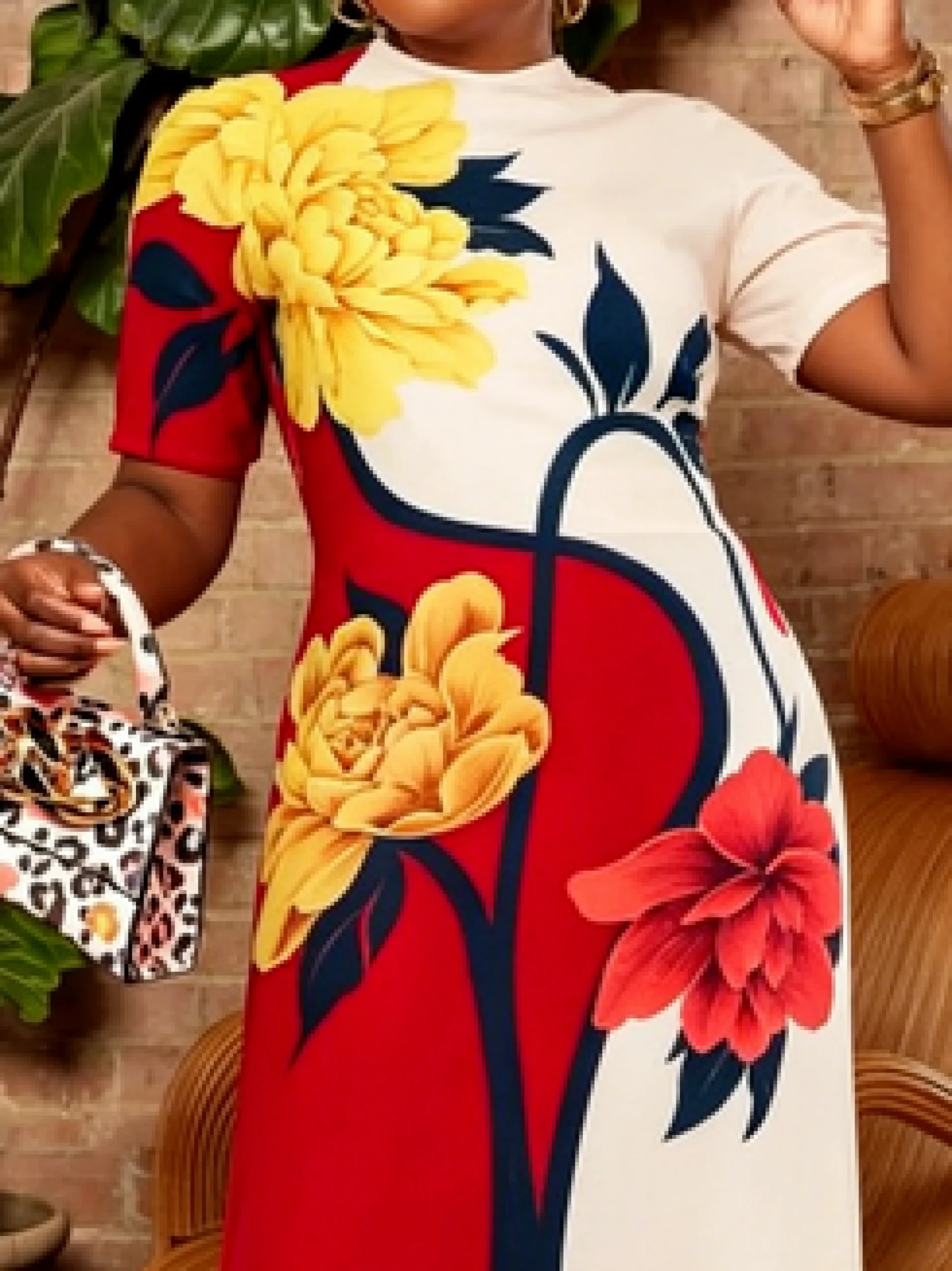 Elegant Floral Printing Mock Neck Maxi Dress
