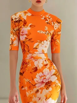 Elegant Floral Printing Mock Neck Midi Dress