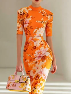 Elegant Floral Printing Mock Neck Midi Dress